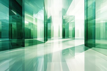 Aufkleber - Abstract architectural rendering of a futuristic green glass building interior.