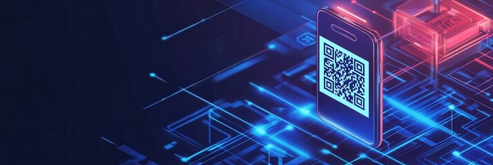Leinwandbilder - Smartphone scans QR code for order pickup with advanced interface and futuristic design in a digital environment