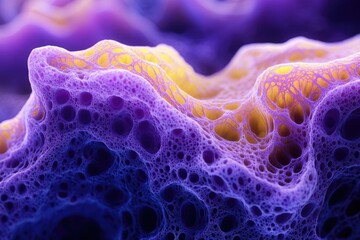 Poster - Abstract purple and yellow 3D render of a porous, cavernous structure resembling a sponge or coral.