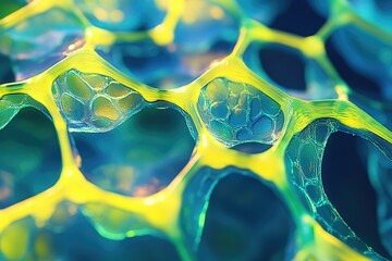 Leinwandbilder - Microscopic view of a vibrant, interconnected network resembling cells or a porous structure.