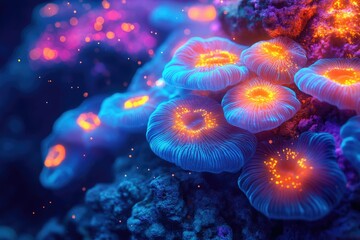 Wall Mural - Vibrant blue and orange glowing coral polyps illuminate a dark underwater scene, creating a mesmerizing spectacle.