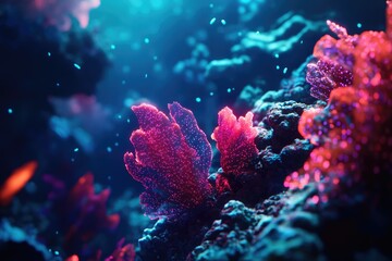 Wall Mural - Vibrant pink and blue coral reef glows undersea, showcasing intricate details and bioluminescent particles.