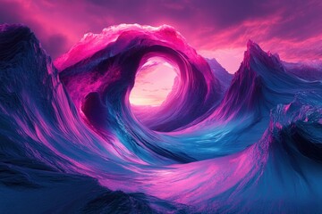 Fototapete - Surreal pink and blue wave mountains create a mesmerizing tunnel at sunset.
