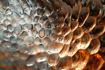 Aufkleber - Close-up of a textured metallic surface with bubble-like formations, showcasing a blend of silver and copper tones.