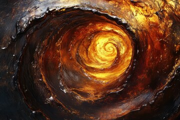 Aufkleber - A swirling vortex of fiery gold and dark, textured depths, creating a mesmerizing abstract image.