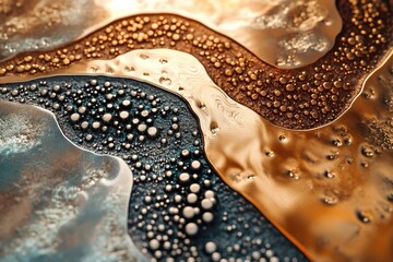 Fototapete - Abstract close-up of metallic textures with varied colors and small bubbles.