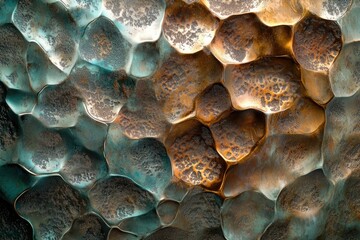 Aufkleber - Abstract textured metallic surface with teal and bronze hues, resembling a hammered or sculpted metal artwork.