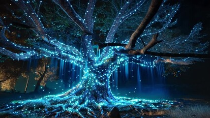 Poster - A magnificent tree glows with blue lights, casting an enchanting atmosphere in a tranquil forest. The vibrant illumination enhances the surrounding natural beauty at night.
