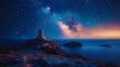 © Andrew - Celestial Watchtower: A serene, awe-inspiring vista of a stone watchtower atop a cliff, gazing upon the radiant night sky and milky way, capturing the ethereal beauty of the cosmos.