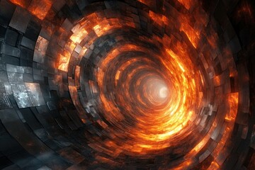 Poster - A fiery, swirling tunnel of metallic tiles creates a mesmerizing, abstract vortex of energy and light.