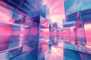 Leinwandbilder - Abstract pink and blue glass cube cityscape at sunset, reflecting futuristic architecture.