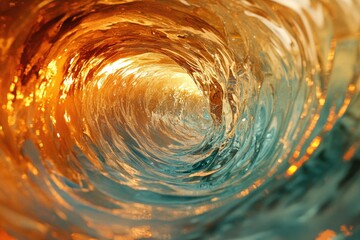 Fototapete - A mesmerizing view inside a powerful ocean wave, illuminated by the golden sunlight.