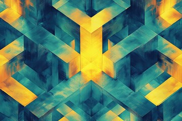 Fototapete - Abstract geometric pattern with teal and gold hues, creating a mesmerizing, symmetrical design.