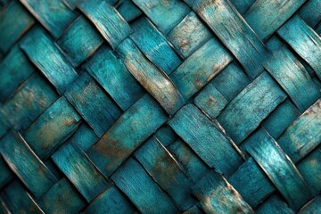 Poster - Close-up of teal and gold woven texture, intricate pattern of interwoven strips.
