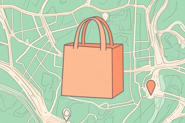 Poster - Delivery route map illustration with grocery bag icon and location pins in clean design