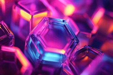 Leinwandbilder - Close-up of vibrant, neon-lit hexagonal glass structures creating an abstract, futuristic scene.