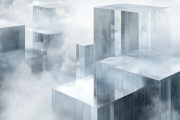 Aufkleber - Abstract image of metallic cubes shrouded in fog, evoking a sense of mystery and ethereal beauty.