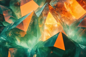 Leinwandbilder - Close-up of vibrant green and orange crystals, showcasing intricate geometric facets and captivating light interplay.
