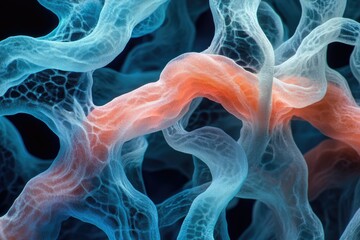Aufkleber - Abstract image depicting intricate, interconnected, flowing structures in shades of blue and orange, resembling a network or biological system.