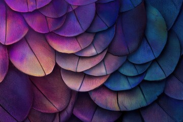 Fototapete - Close-up view of iridescent bird feathers, showcasing vibrant purple, pink, and blue hues.