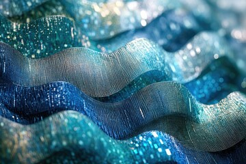 Fototapete - Abstract image of shimmering teal and blue fabric waves, creating a luxurious and elegant texture.