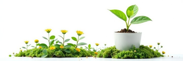 Isolated potted plant with moss and small flowers growing around it, greenery, details