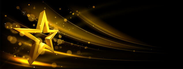 Wall Mural - golden star glowing isolated on black background. vector realistic illustration of winner award cere
