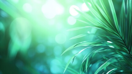 Aufkleber - Tropical oasis with blurred palm leaves in vibrant green and teal tones creating a fresh and adventurous atmosphere