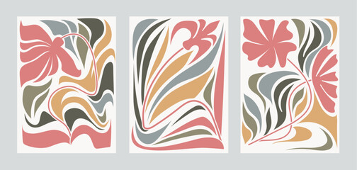 Fototapete - Abstract botanical trendy art prints set with fluid organic shapes, wavy lines in retro colors. Minimalist mid century modern design, boho doodle floral elements. Hand drawn vector illustration poster