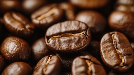 Fototapete - Close-up view of roasted coffee beans showcasing rich brown tones and a standout bean positioned at golden ratio for visual appeal