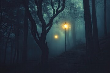 Poster - Eerie fog envelops a dark forest with twisted trees and a distant glowing street lamp casting an unsettling atmosphere