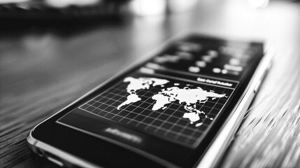 Wall Mural - world map on the screen: a grayscale photo of a smartphone displays a world map and some data, layin