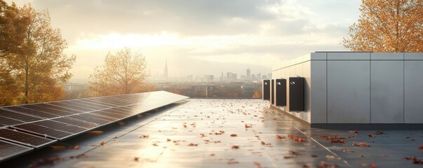 Rooftop solar panel array with backup batteries for sustainable energy and eco-friendly living.