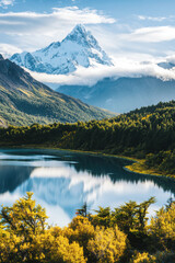 Wall Mural - Stunning mountain landscape with a serene lake reflecting snow-capped peaks, surrounded by lush green forest and vibrant autumn foliage under a clear blue sky.