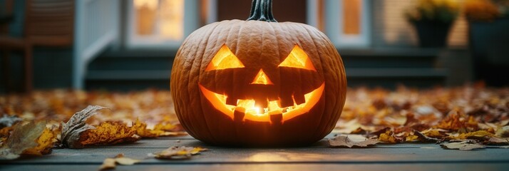 Poster - Halloween pumpkin with carved face glowing warmly on porch surrounded by autumn leaves