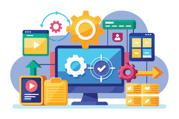 the illustration depicts a computer displaying sync and install activities with various icons and ge