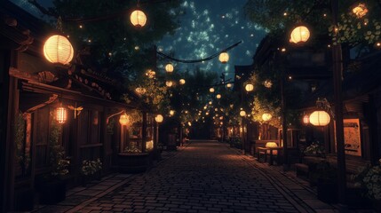 Poster - A vintage-style street at dusk with glowing lanterns and cobblestones