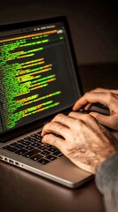 Developing programmer, software developer coding computer code on laptop computer.