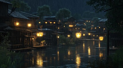 Poster - A tranquil village with lantern-lit streets on a rainy night