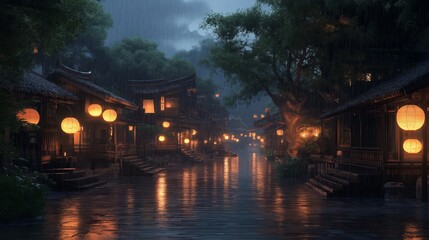 Poster - A tranquil village with lantern-lit streets on a rainy night