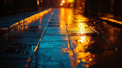 Poster - A streetlight illuminating a rainy sidewalk with vivid reflections