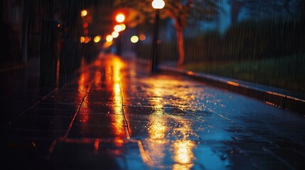 Poster - A streetlight illuminating a rainy sidewalk with vivid reflections