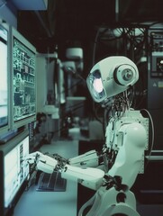 Leinwandbilder - Robot working in a high-tech laboratory with blinking lights and computer interfaces, focused on its tasks with precision and efficiency