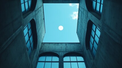 Fototapete - Sunlight radiates from a clear blue sky, illuminating the interior of a modern concrete courtyard. The geometric shapes of the building frame a serene atmosphere, evoking a sense of calm