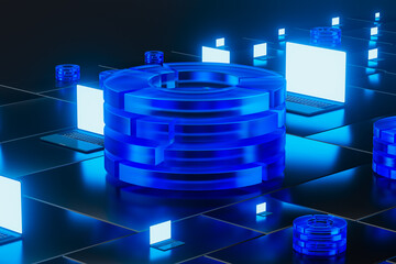 Futuristic tech, abstract design with laptops and servers