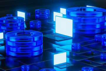 Futuristic tech, abstract design with laptops and servers