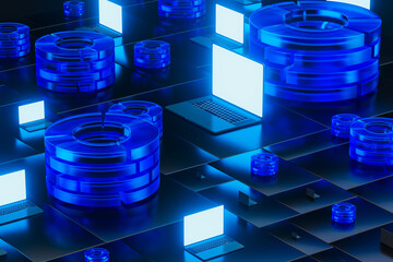 Futuristic tech, abstract design with laptops and servers