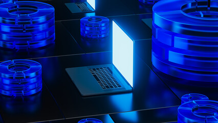 Futuristic tech, abstract design with laptops and servers