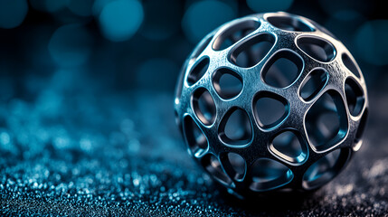 futuristic metallic sphere with perforated surface and high-tech reflective details