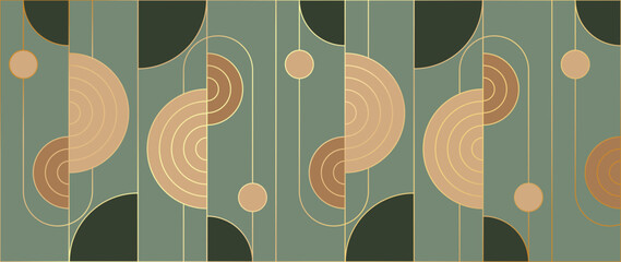 Aufkleber - Abstract geometric pattern design background vector. Wallpaper design with circle, square, geometric shape and gold line . Modern illustration perfect for decor, cover, print, banner, interior.